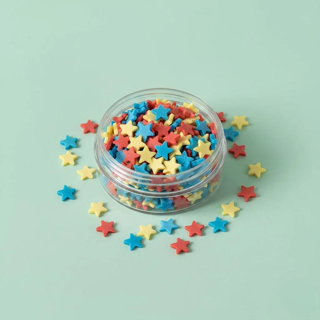 Miniature Polymer Clay Stars Assorted (10Pcs) on a light mint green background.