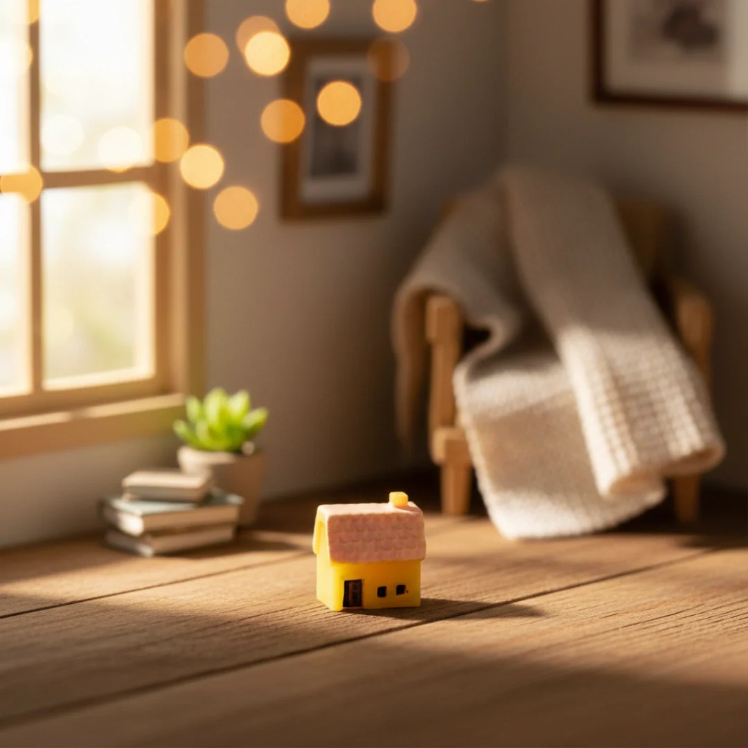Miniature Resin House Assorted (1Pc) displayed on a wooden table with warm indoor lighting.