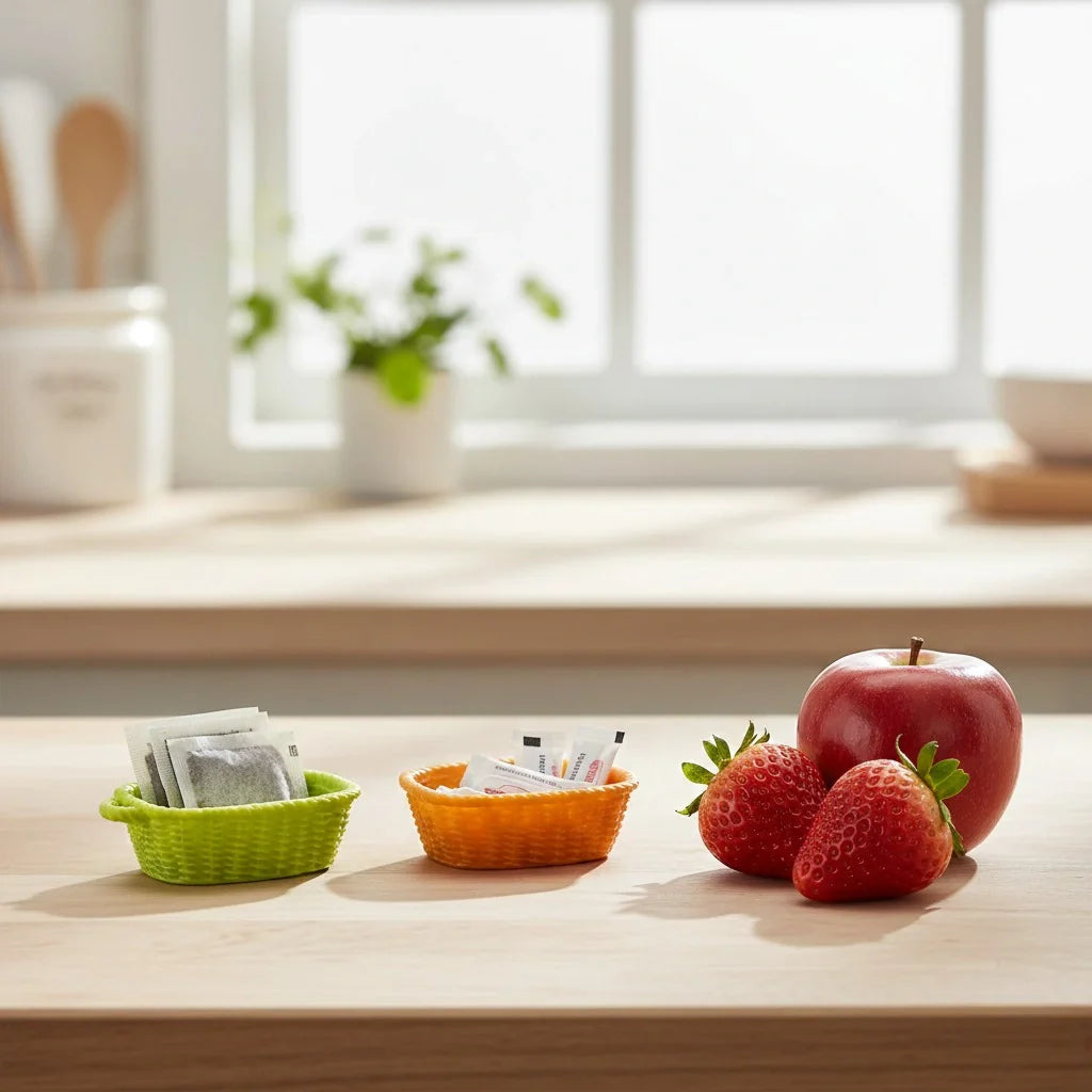 Miniature Basket Assorted (1pc) displayed with miniature fruits on a table near a window