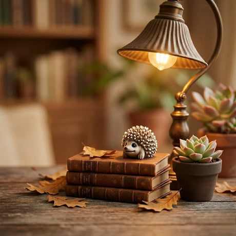 Miniature Porcupine Assorted (1Pc) displayed on a stack of books with plants.