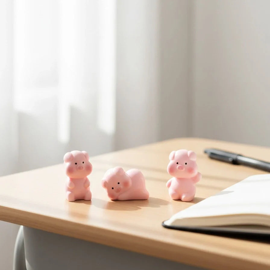 Miniature Cute Piglet Assorted (1pc) displayed on a wooden table near a window