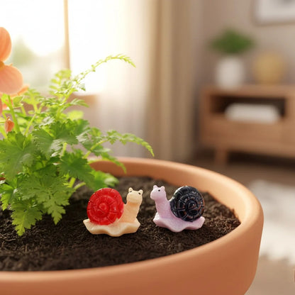 Miniature Snails for Fairy Gardens Assorted displayed in a potted fairy garden.