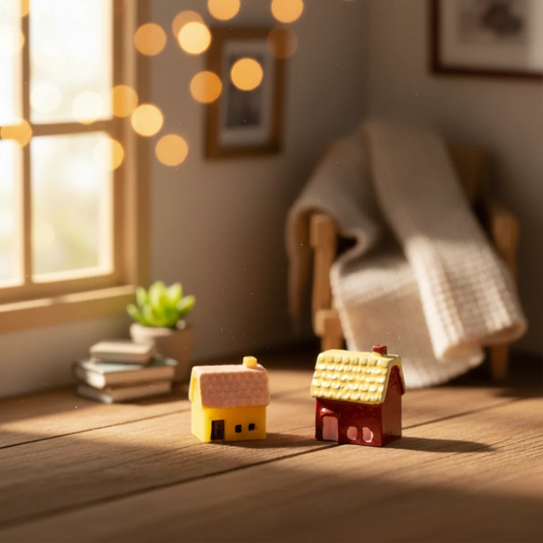 Miniature Resin House Assorted (1Pc) displayed on a wooden table in a cozy room.