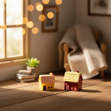 Miniature Resin House Assorted (1Pc) displayed on a wooden table in a cozy room.