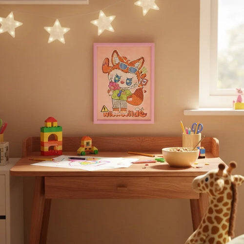 Labubu Rebel Diamond Art Painting Kit (1Pc) over the desk wall.