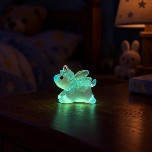 Miniature Glow Unicorn Horse Assorted (1pc) glowing on a wooden table in a dimly lit room