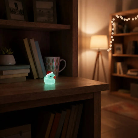 Miniature Glow Christmas Hat Duck Assorted (1pc) glowing on a wooden shelf beside a warm lamp