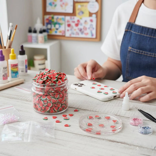 Miniature Polymer Clay Watermelon (10pcs) used in decorations of phone case.
