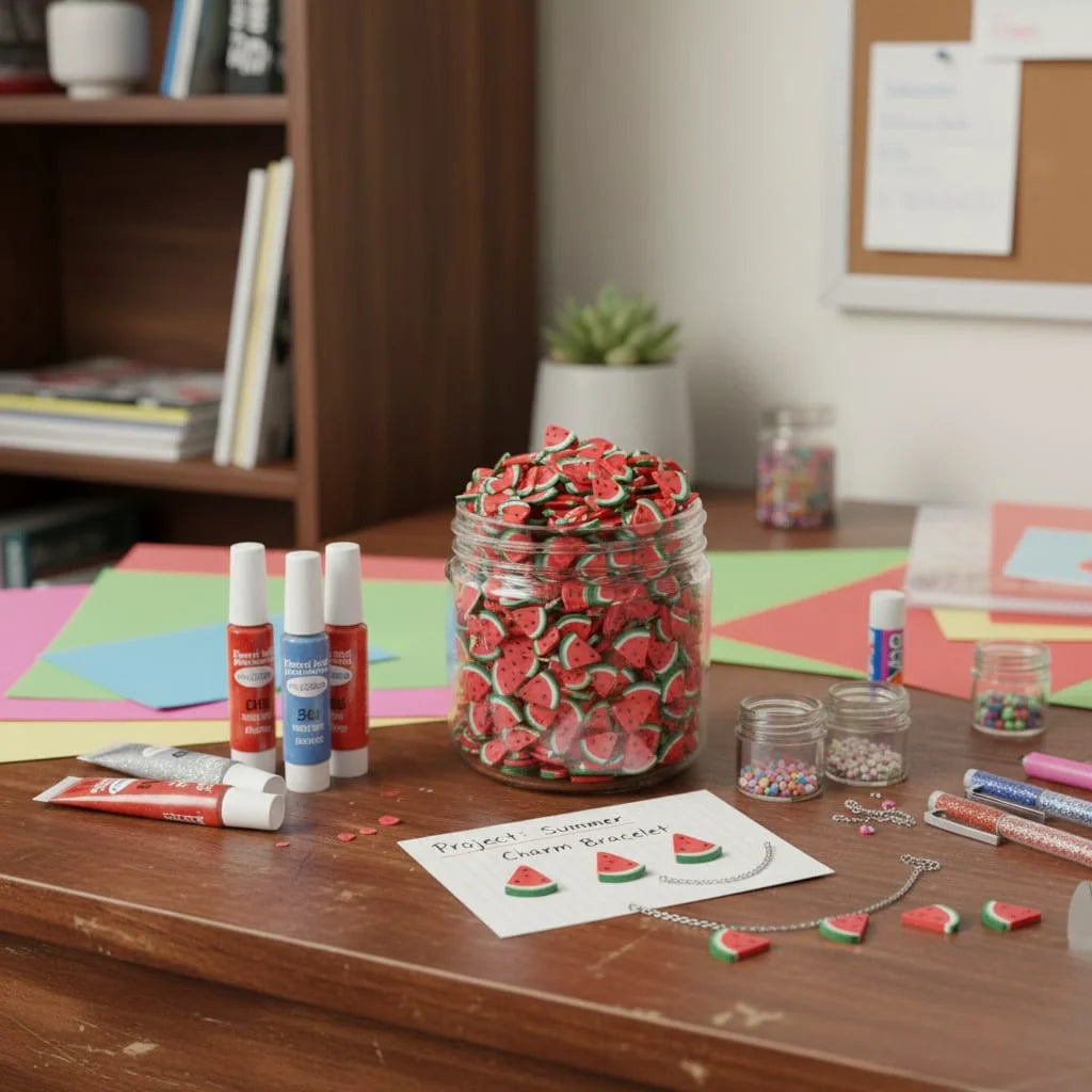 Jar of Miniature Polymer Clay Watermelon (10pcs) on the crafting table.