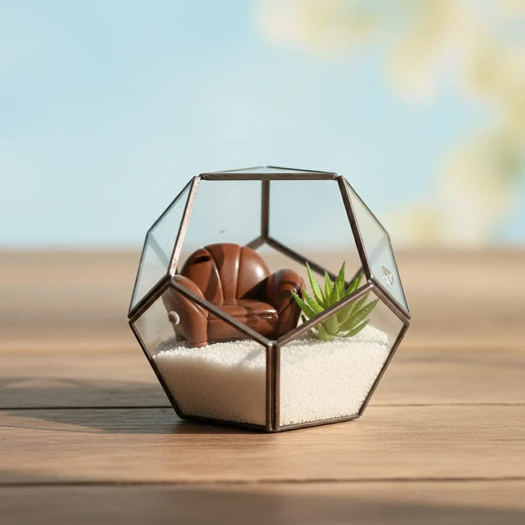Miniature Leather Sofa Assorted (1pc) displayed inside a decorative terrarium