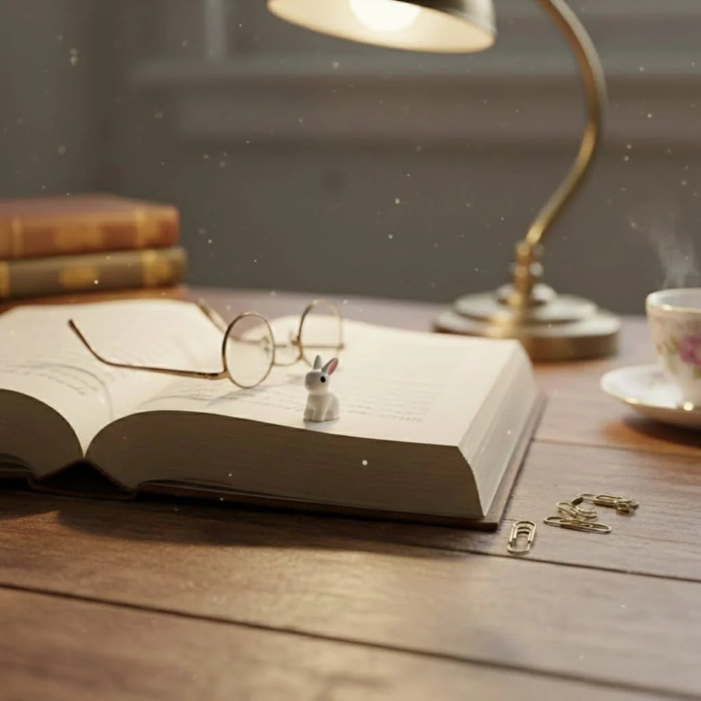 Miniature Rabbits Assorted (1Pc) displayed beside an open book on a wooden table.