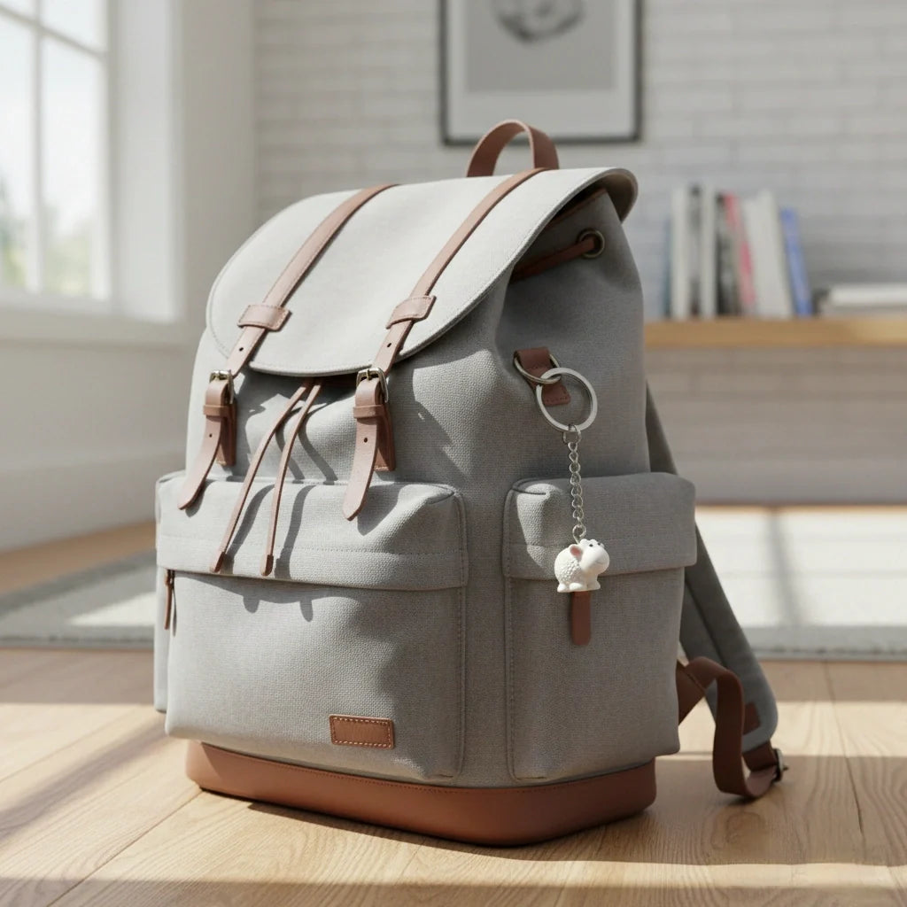 Miniature Sheep Assorted (1Pc) placed beside a backpack in a bright indoor setting.