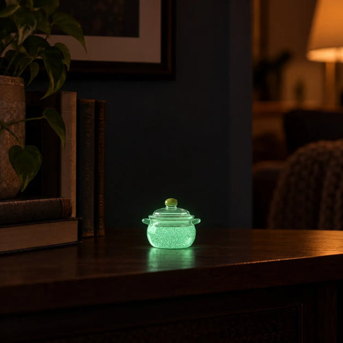 Miniature Glow Storage Jar Assorted (1pc) glowing on a wooden shelf in a dimly lit room