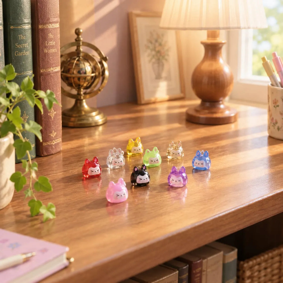 Miniature Glow Kawaii Rabbit Assorted (1pc) displayed on a wooden table with other colorful miniatures