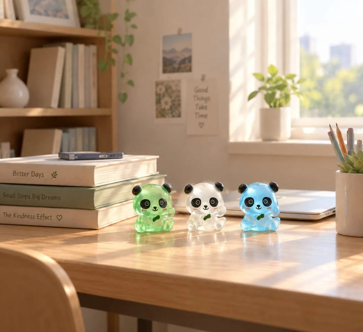 Miniature Glow Panda Assorted (1pc) displayed on a wooden table with other miniatures