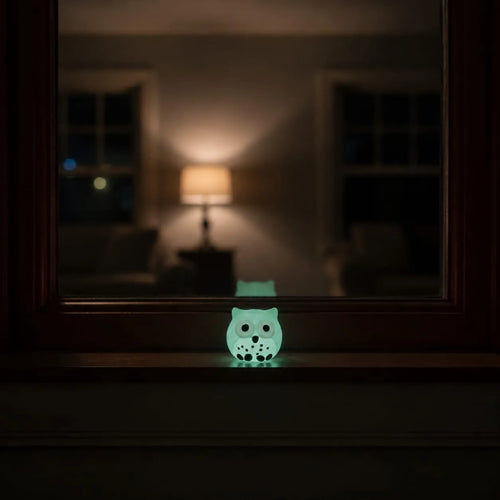 Miniature Glow Owl Assorted (1pc) glowing on a windowsill in a dimly lit room