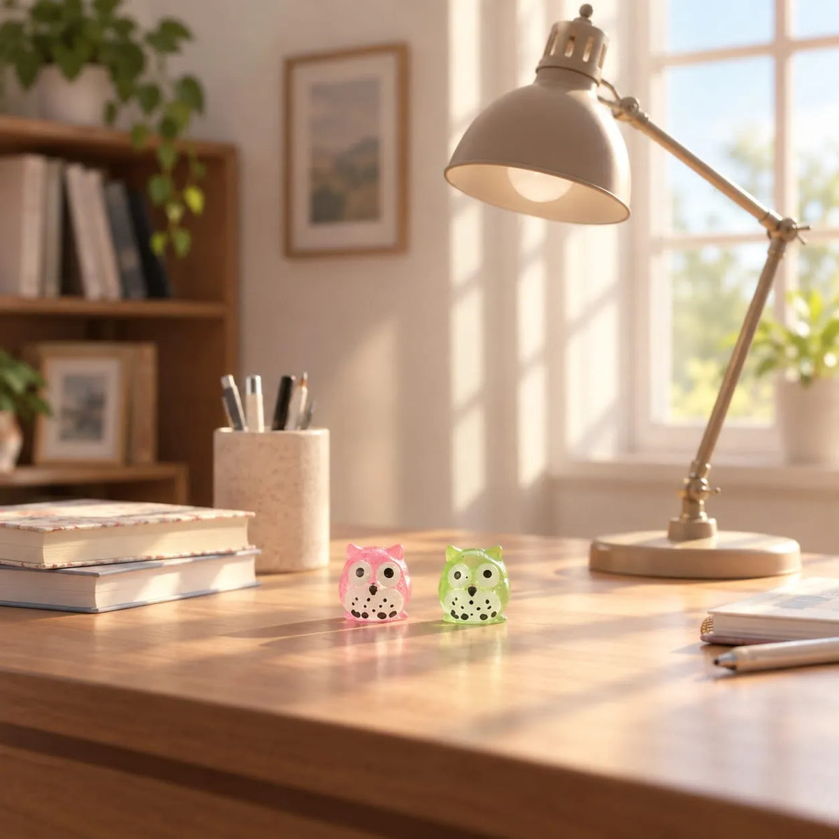 Miniature Glow Owl Assorted (1pc) displayed on a desk near a window with a lamp and decorative items