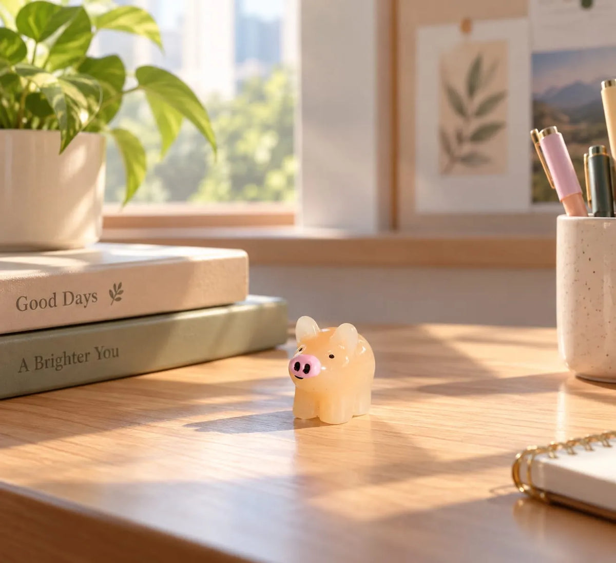Miniature Mini Pig Assorted (1pc) displayed on a wooden desk near a window