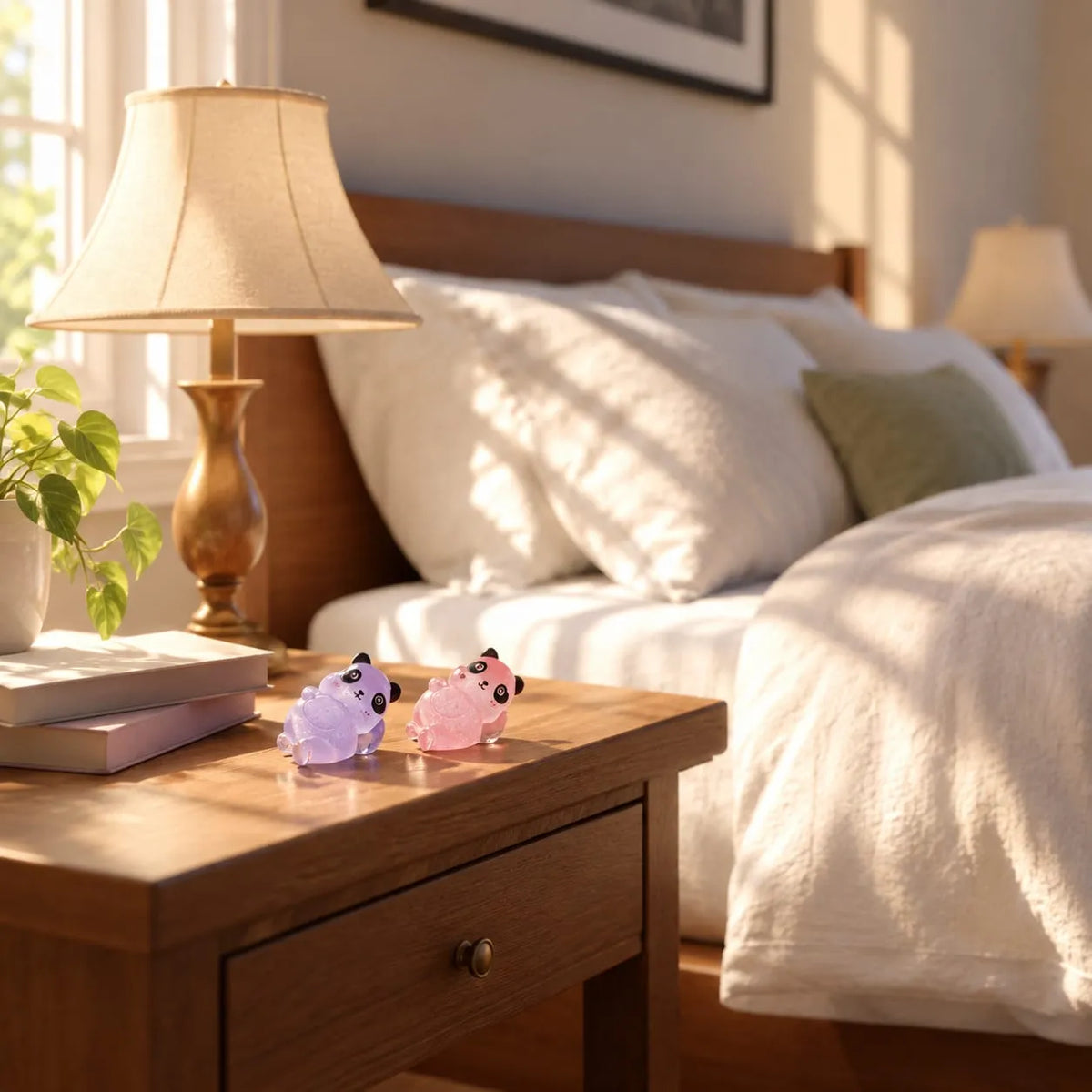 Miniature Glow Little Panda Assorted (1pc) displayed on a wooden bedside table near a window