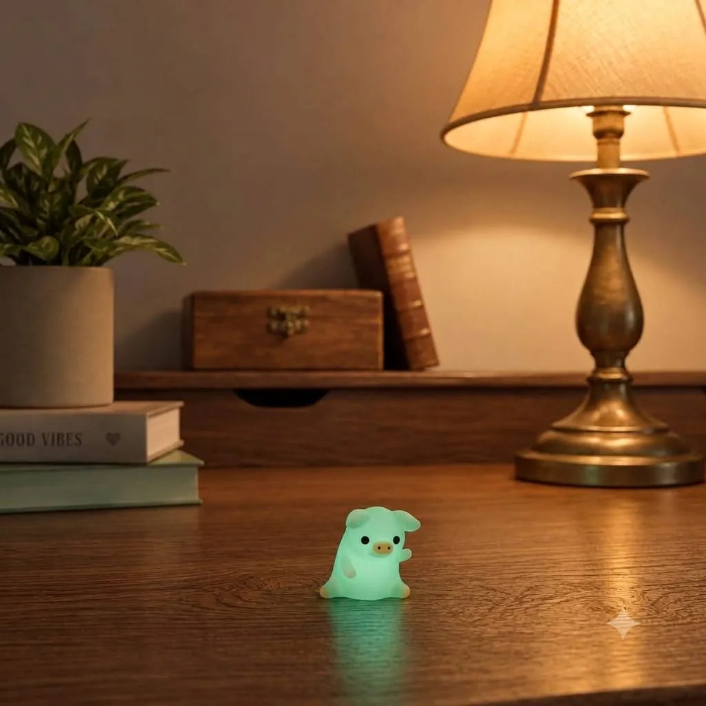 Miniature Glow Pink Yoga Pig Assorted (1pc) glowing on a wooden table beside a warm lamp in a dimly lit room