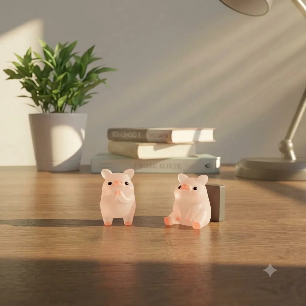 Miniature Glow Pink Yoga Pig Assorted (1pc) displayed on a wooden table with decorative items in natural light
