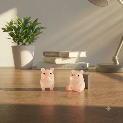 Miniature Glow Pink Yoga Pig Assorted (1pc) displayed on a wooden table with decorative items in natural light