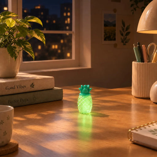 Miniature Glow Pineapple Fruit Assorted (1pc) glowing in a cozy indoor setting