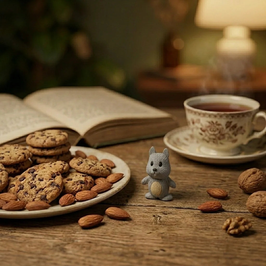 Miniature Squirrel Assorted (1Pc) displayed on a wooden table with cookies and a cup of coffee.