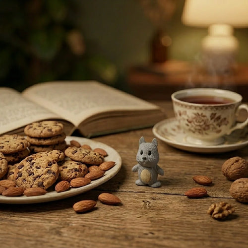 Miniature Squirrel Assorted (1Pc) displayed on a wooden table with cookies and a cup of coffee.