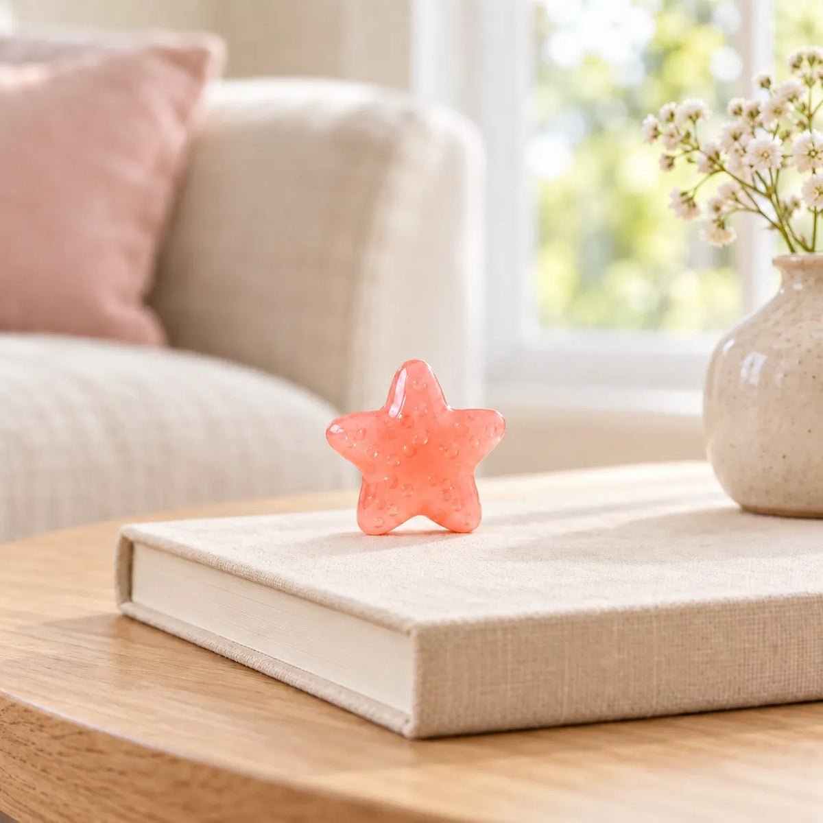 Miniature Glow Starfish Assorted (1pc) displayed on a book near a window with decorative items
