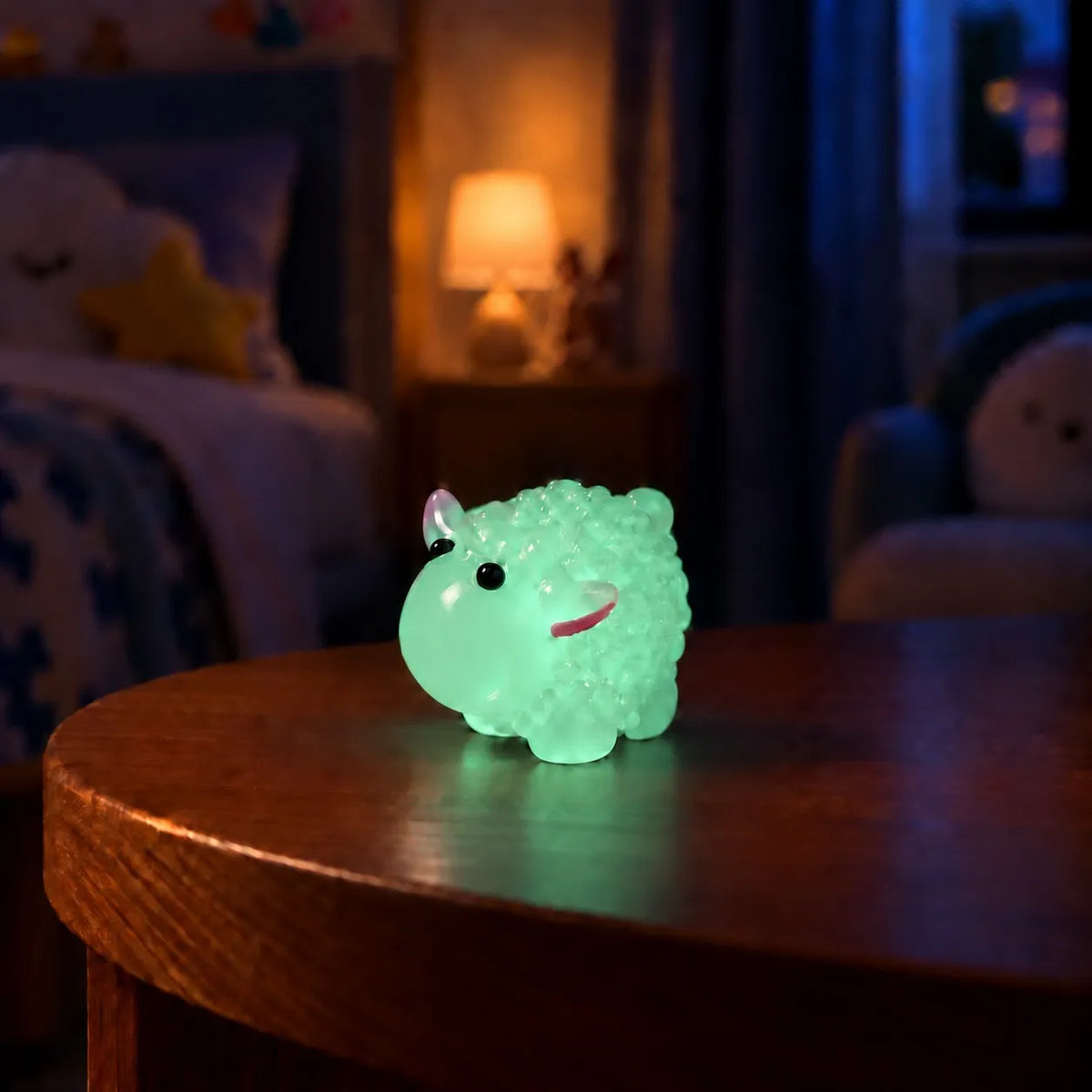 Miniature Glow Sheep Assorted (1pc) glowing on a wooden table in a dimly lit room