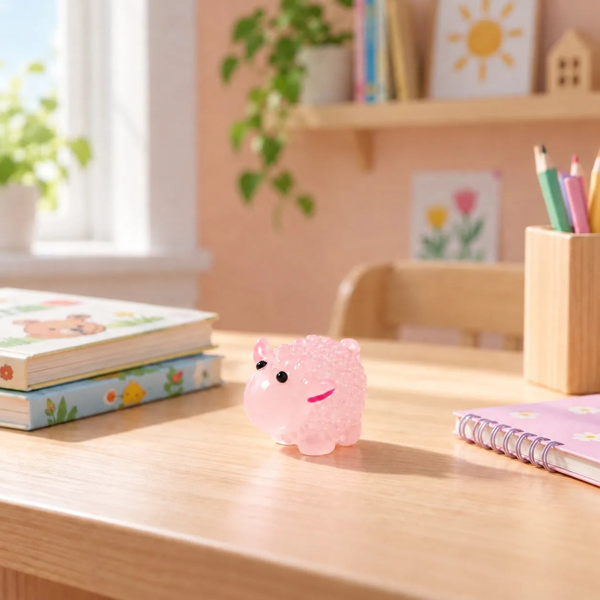 Miniature Glow Sheep Assorted (1pc) displayed on a desk near a window with decorative items