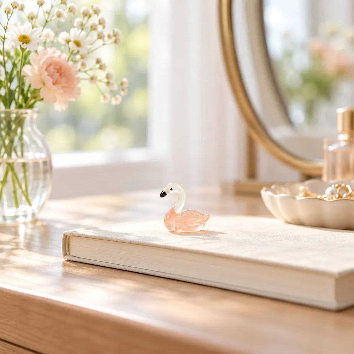 Miniature Glow Swan Assorted (1pc) displayed on a windowsill with decorative items