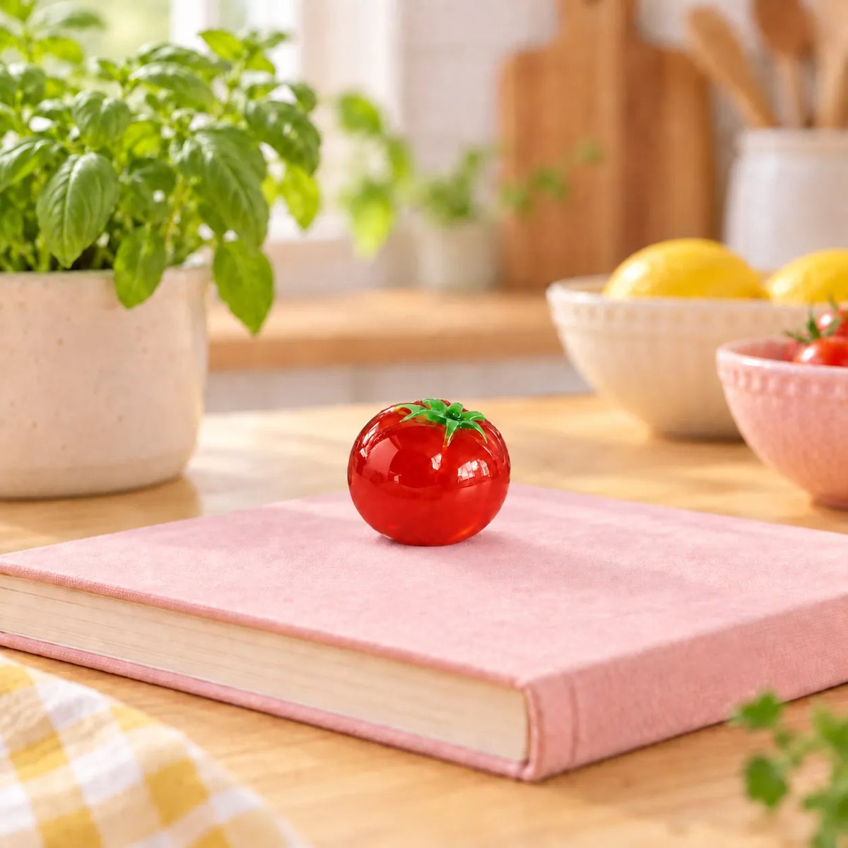 Miniature Glow Tomato Assorted (1pc) displayed on a pink notebook near a window with a potted plant
