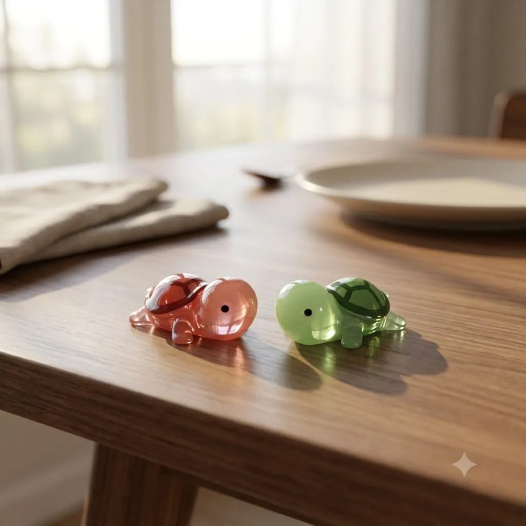 Miniature Glow Turtle Assorted (1pc) displayed on a wooden table with miniature animal figurines