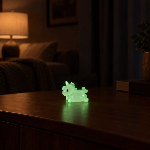Miniature Glow Unicorn Assorted (1pc) glowing on a wooden table in a dimly lit room