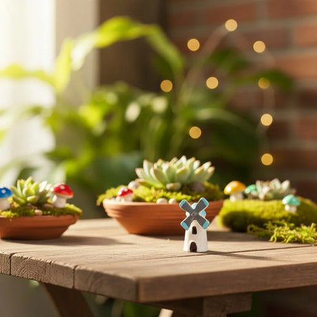 Miniature Windmill Assorted (1Pc) displayed on a wooden table with plants.