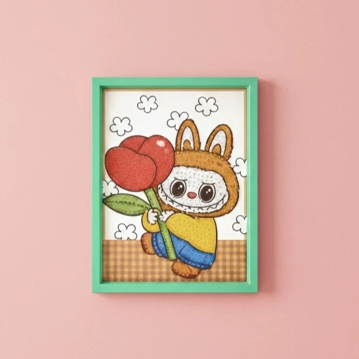 Labubu Rose Diamond Art Painting Kit (1Pc) on the pink background.