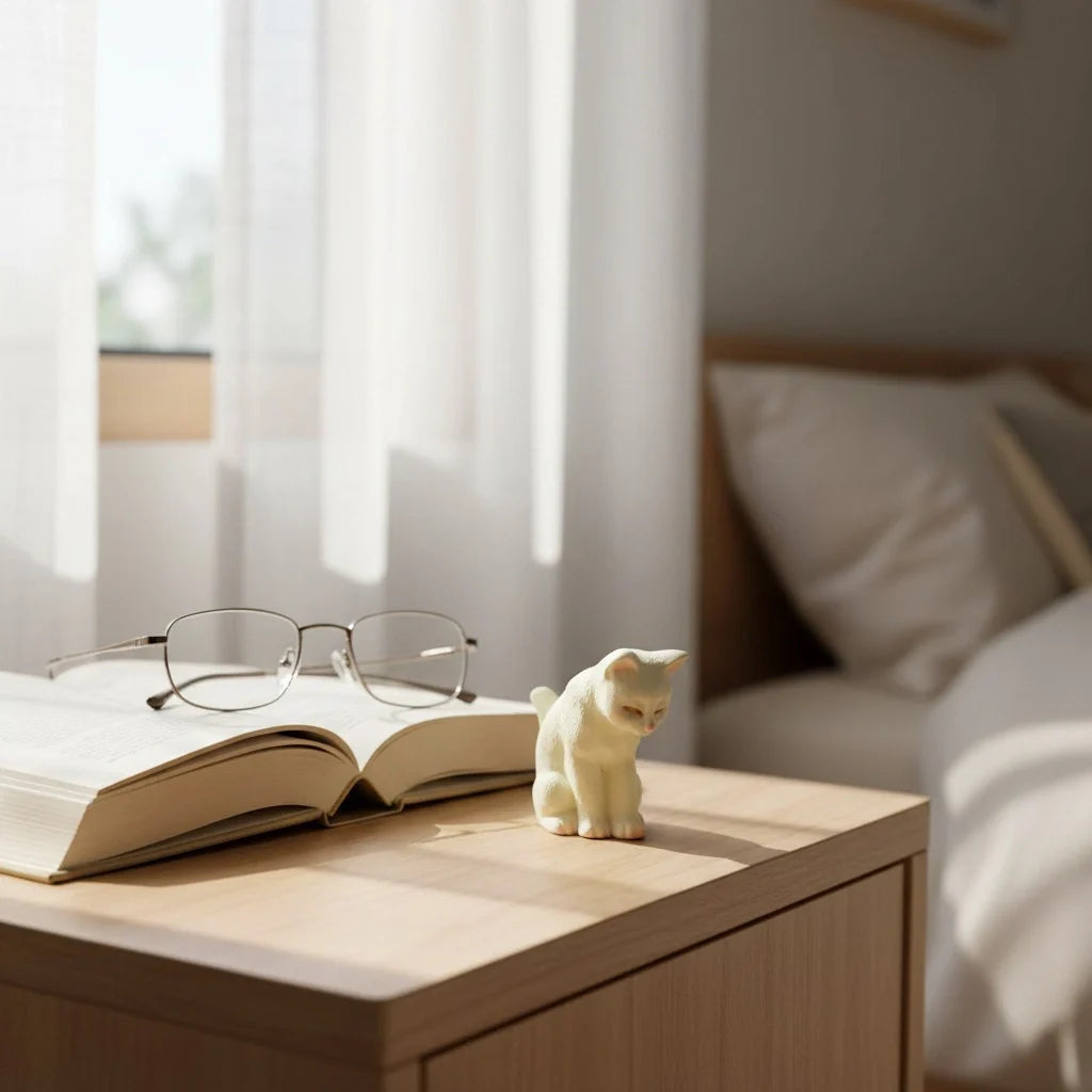 Miniature Toy Cat Assorted (1Pc) displayed on a bedside table with an open book.